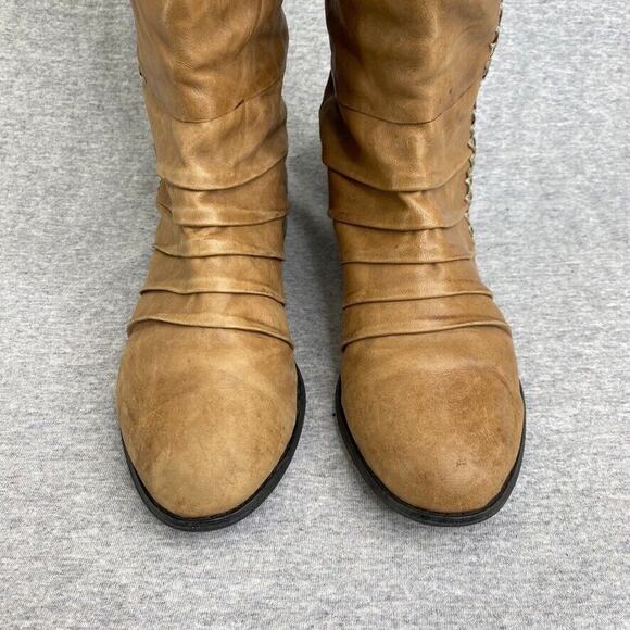 Very Volatile Boots Womens 6.5 Tan Brown Leather Riding Tall Cut Out - Picture 5 of 11